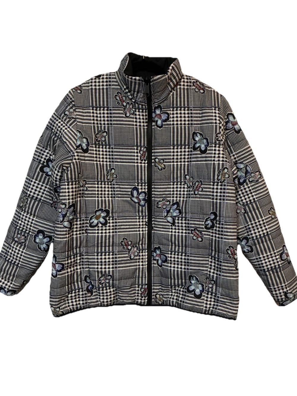 Vera Bradley reversible puffer jacket black and white plaid adorned butterflies - Picture 2 of 10